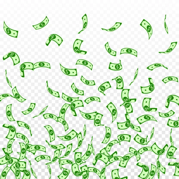 米ドル紙幣が落ちている 透明性のある背景に米ドル札をスプライスします アメリカのお金 ベクトル図だ 古典的なジャックポット 富または成功の概念 — ストックベクタ