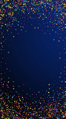 Kutlama için uygun konfeti. Kutlama yıldızları. Koyu mavi arka planda gökkuşağı konfetisi. Şablon şablonu getiriliyor. Dikey vektör arkaplanı.