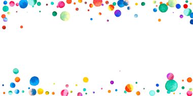 Beyaz arka planda suluboya konfeti. Çekici gökkuşağı renkli noktalar. Rengarenk parlak kartın kutlu olsun. İlginç bir el boyaması konfeti..