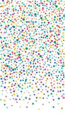 Beyaz arka planda suluboya konfeti. Çekici gökkuşağı renkli noktalar. Mutlu kutlamalar yüksek renkli parlak kart. İdeal el boyaması konfeti..