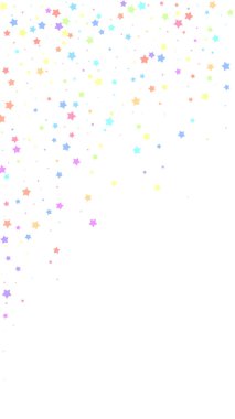 Kusursuz bir ziyafet konfetisi. Kutlama yıldızları. Beyaz arka planda rastgele seçilmiş renkli yıldızlar. Güzel görünümlü bir şablon. Dikey vektör arkaplanı.