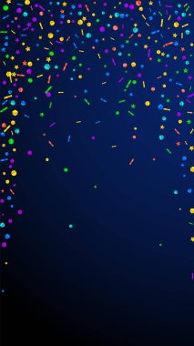 Şenlikli, inanılmaz konfeti. Kutlama yıldızları. Koyu mavi arka planda şenlikli konfeti. Büyüleyici şablon şablonu. Dikey vektör arkaplanı.