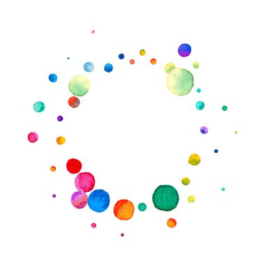 Beyaz arka planda suluboya konfeti. Sevimli gökkuşağı renkli noktalar. Mutlu kare renkli parlak kartlar. Elle boyanmış konfeti..