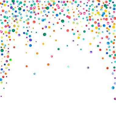 Beyaz arka planda suluboya konfeti. Gerçek gökkuşağı renkli noktalar. Mutlu kare renkli parlak kartlar. Güzel bir el boyaması konfeti..