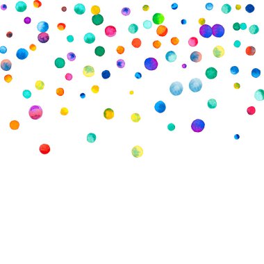 Beyaz arka planda suluboya konfeti. Takdire şayan gökkuşağı renkli noktalar. Mutlu kare renkli parlak kartlar. Saygıdeğer elle boyanmış konfeti.