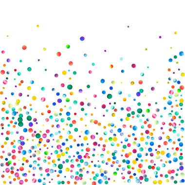 Beyaz arka planda suluboya konfeti. Gerçek gökkuşağı renkli noktalar. Mutlu kare renkli parlak kartlar. Görkemli el boyaması konfeti..