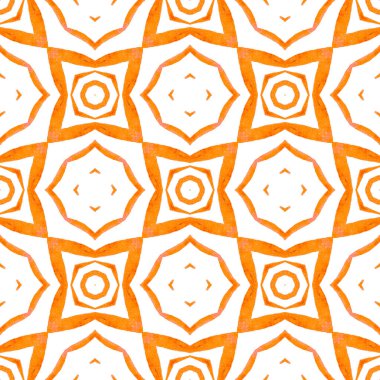 Tekstil hazır yaratıcı baskı, mayo kumaş, duvar kağıdı, ambalaj. Turuncu çekici boho şık yaz tasarımı. Sembol suluboya deseni. Yeşil geometrik sembolü suluboya kenarı.