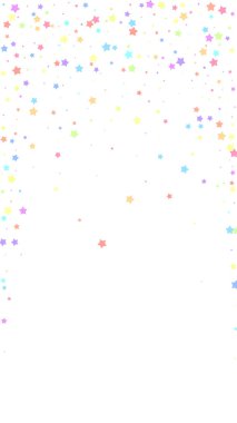 İdeal konfeti. Kutlama yıldızları. Beyaz arka planda rastgele seçilmiş renkli yıldızlar. Büyüleyici şablon şablonu. Dikey vektör arkaplanı.