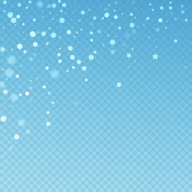 Sihirli yıldızlar rastgele Noel arkaplanı. İnce uçan kar taneleri ve mavi şeffaf arkaplanda yıldızlar. Tatlı kış gümüşü kar tanesi şablonu örtüyor. Akıllara durgunluk veren vektör çizimi.