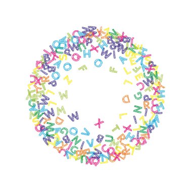 İngilizce 'nin harfleri düşüyor. Latin alfabesinin renkli çizimleri. Yabancı diller öğrenim kavramı. Beyaz arkaplanda okula dönüş afişi.