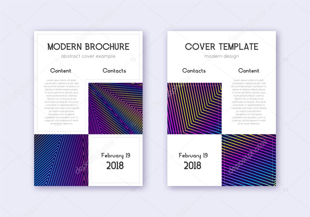 Business cover design template set. Rainbow abstract lines on dark blue background. Astonishing cover design. Comely catalog, poster, book template etc.