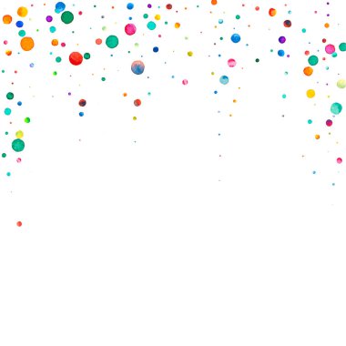 Beyaz arka planda suluboya konfeti. Takdire şayan gökkuşağı renkli noktalar. Mutlu kare renkli parlak kartlar. Büyüleyici bir el boyaması konfeti.