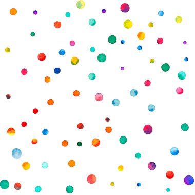 Beyaz arka planda suluboya konfeti. Gerçek gökkuşağı renkli noktalar. Mutlu kare renkli parlak kartlar. Zarif el boyaması konfeti..