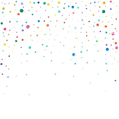 Beyaz arka planda suluboya konfeti. Takdire şayan gökkuşağı renkli noktalar. Mutlu kare renkli parlak kartlar. İlahi el boyaması konfeti.