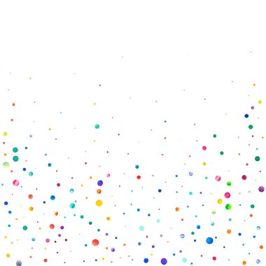 Beyaz arka planda suluboya konfeti. Takdire şayan gökkuşağı renkli noktalar. Mutlu kare renkli parlak kartlar. Elle boyanmış konfeti..