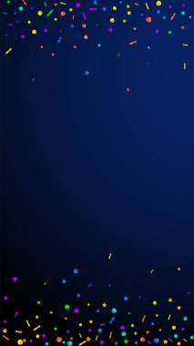 Şenlikli değerli konfeti. Kutlama yıldızları. Koyu mavi arka planda şenlikli konfeti. Şablon şablonu getiriliyor. Dikey vektör arkaplanı.