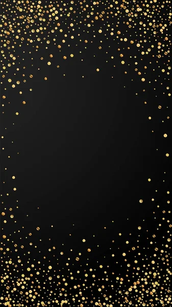 Neşeli enerjik konfeti. Kutlama yıldızları. Siyah arka planda altın konfeti. Şablon şablonu getiriliyor. Dikey vektör arkaplanı.