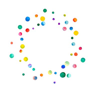 Beyaz arka planda suluboya konfeti. Sevimli gökkuşağı renkli noktalar. Mutlu kare renkli parlak kartlar. Şık el boyalı konfeti..