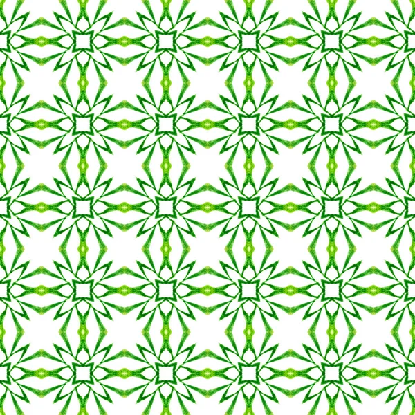 Textile ready shapely print, swimwear fabric, wallpaper, wrapping. Green resplendent boho chic summer design. Ethnic hand painted pattern. Watercolor summer ethnic border pattern.