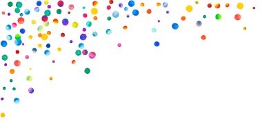 Beyaz arka planda suluboya konfeti. Sevimli gökkuşağı renkli noktalar. Rengarenk parlak kartın kutlu olsun. Nazikçe boyanmış konfeti..