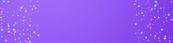 フェスティバルに最適なコンフェッティ お祝いの星 紫色の背景にランダムなカラフルな星 実際のお祝いオーバーレイテンプレート パノラマベクトル背景 — ストックベクタ