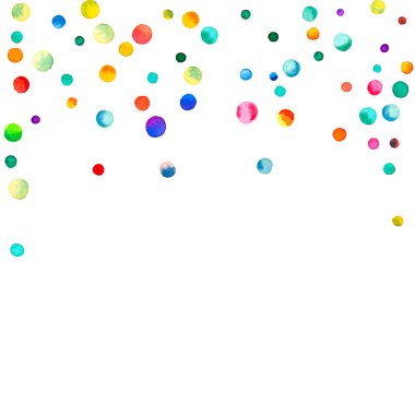 Beyaz arka planda suluboya konfeti. Gerçek gökkuşağı renkli noktalar. Mutlu kare renkli parlak kartlar. İdeal el boyaması konfeti..