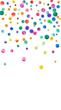 Beyaz arka planda suluboya konfeti. Çekici gökkuşağı renkli noktalar. Mutlu kutlamalar yüksek renkli parlak kart. İlginç bir el boyaması konfeti..