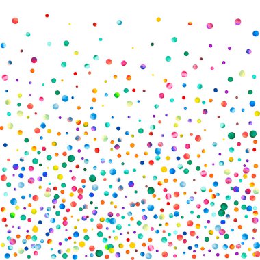 Beyaz arka planda suluboya konfeti. Takdire şayan gökkuşağı renkli noktalar. Mutlu kare renkli parlak kartlar. Harika bir el boyaması konfeti.