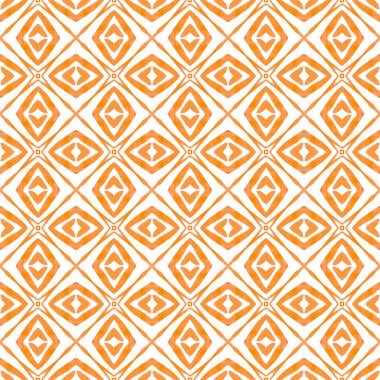 Tekstil hazır büyüleyici baskı, mayo kumaş, duvar kağıdı, ambalaj. Turuncu parlak boho şık yaz tasarımı. Döşemeli suluboya arka plan. Elle boyanmış suluboya kenar.