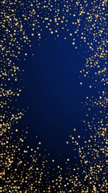 Şenlikli, harika konfeti. Kutlama yıldızları. Koyu mavi arka planda altın konfeti. Büyüleyici bir şablon. Dikey vektör arkaplanı.