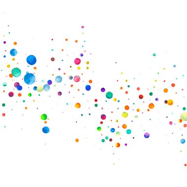 Beyaz arka planda suluboya konfeti. Gerçek gökkuşağı renkli noktalar. Mutlu kare renkli parlak kartlar. Muhteşem el boyaması konfeti..