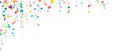 Beyaz arka planda suluboya konfeti. Sevimli gökkuşağı renkli noktalar. Rengarenk parlak kartın kutlu olsun. Güzel el boyaması konfeti..