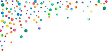 Beyaz arka planda suluboya konfeti. Canlı gökkuşağı renkli noktalar. Rengarenk parlak kartın kutlu olsun. Sulu elle boyanmış konfeti..