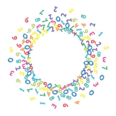 Renkli çizim numaraları düşüyor. Uçan parmaklarla matematik çalışma konsepti. Beyaz arkaplandaki matematik afişine geri gönderilemez. Düşen sayılar vektör illüstrasyonu.
