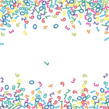 Renkli çizim numaraları düşüyor. Uçan parmaklarla matematik çalışma konsepti. Beyaz arkaplandaki matematik afişine geri dönelim. Düşen sayılar vektör illüstrasyonu.