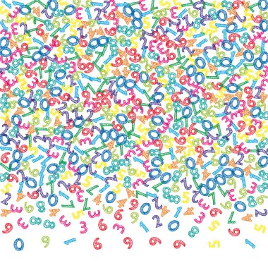 Renkli çizim numaraları düşüyor. Uçan parmaklarla matematik çalışma konsepti. Beyaz arka planda okula dönüş afişi. Düşen sayılar vektör illüstrasyonu.
