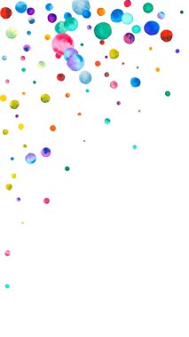 Beyaz arka planda suluboya konfeti. Canlı gökkuşağı renkli noktalar. Mutlu kutlamalar yüksek renkli parlak kart. Muhteşem el boyaması konfeti..