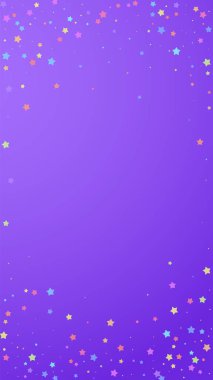 Şenlikli, keyifli konfeti. Kutlama yıldızları. Menekşe arkaplanda rastgele seçilmiş renkli yıldızlar. Şablon şablonu getiriliyor. Dikey vektör arkaplanı.