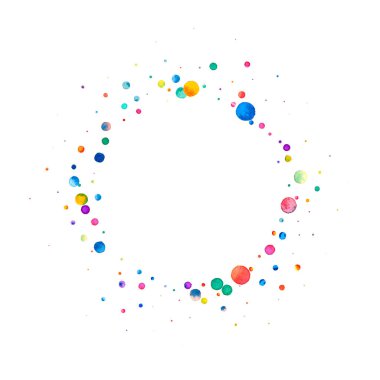 Beyaz arka planda suluboya konfeti. Takdire şayan gökkuşağı renkli noktalar. Mutlu kare renkli parlak kartlar. Çarpıcı bir el boyaması konfeti..