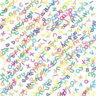 İngilizce 'nin harfleri düşüyor. Latin alfabesinin renkli çizimleri. Yabancı diller öğrenim kavramı. Beyaz arkaplandaki okul afişi inanılmaz..