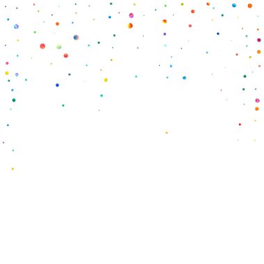 Beyaz arka planda suluboya konfeti. Takdire şayan gökkuşağı renkli noktalar. Mutlu kare renkli parlak kartlar. Olağanüstü bir el boyaması konfeti.