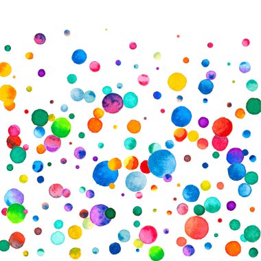 Beyaz arka planda suluboya konfeti. Gerçek gökkuşağı renkli noktalar. Mutlu kare renkli parlak kartlar. Baştan çıkarıcı el yapımı konfeti..