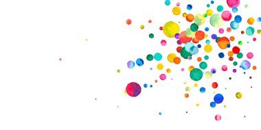 Beyaz arka planda suluboya konfeti. Canlı gökkuşağı renkli noktalar. Rengarenk parlak kartın kutlu olsun. Elle boyanmış konfeti..