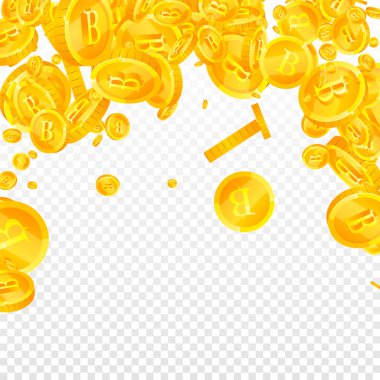 Thai baht coins falling. Gold scattered THB coins. Thailand money. Jackpot wealth or success concept. Square vector illustration.