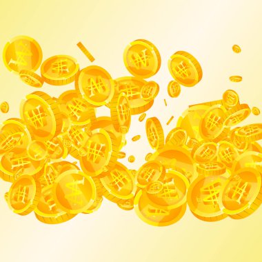 Korean won coins falling. Scattered gold WON coins. Korea money. Jackpot wealth or success concept. Square vector illustration.