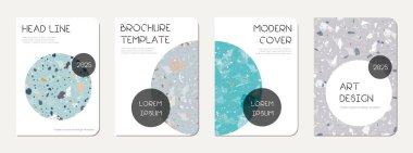 Broşür kapağı tasarımı. Doğal taşlar, granit, kuvars ve mermerden yapılmış terrazzo soyut arka plan. Venedik Terrazzo Doku Broşürü.