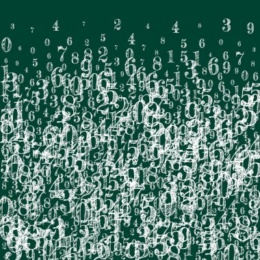 Dağınık numaralar. Beyaz tebeşir parmakları kaotik uçuyor. Tahta arka planda matematik afişi var. Düşen sayılar vektör illüstrasyonu.