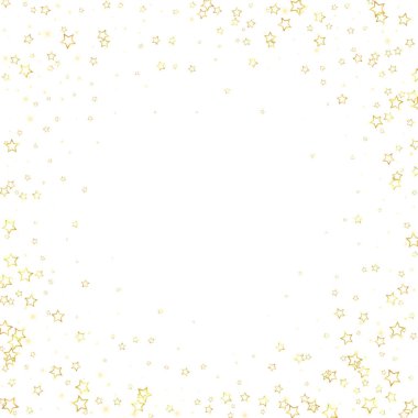 Altın parıldayan yıldız konfetisi. Kaotik rüya gibi çocuksu bir şablon. Beyaz arkaplanda şenlikli yıldız vektör çizimi.