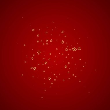 Parıldayan yıldızlar rastgele dağılmış, uçuyor, düşüyor, yüzüyor. Noel kutlaması kavramı. Kırmızı arkaplanda kutlama yıldızları vektör çizimi.