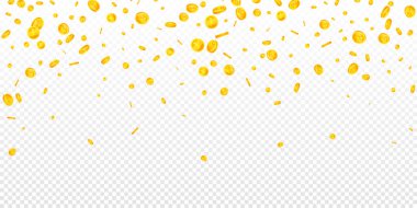 Chinese yuan coins falling. Scattered gold CNY coins. China money. Great business success concept. Wide vector illustration.